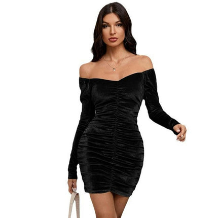 Women's Sexy Elegant Velvet Long Sleeve Off Shoulder Ruched Party Mini Dress