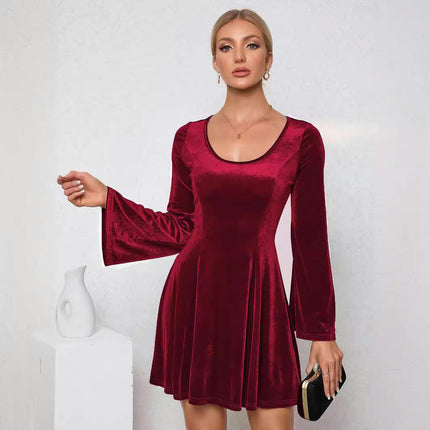 Women's Velvet Scoop Neck Long Sleeve A Line Flowy Elegant Evening Party Mini Dress