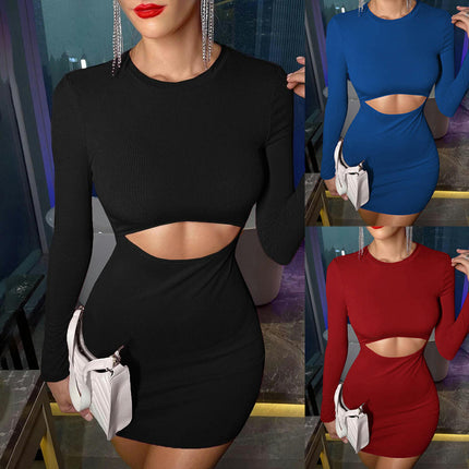 Women's Sexy Club Cut Out Long Sleeve Crew Neck Mini Bodycon Dress