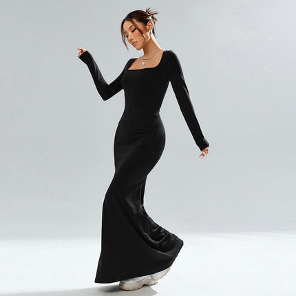 Women's Long Sleeve Square Neck Maxi Dress Soft Elegant Evening Party Bodycon Dress