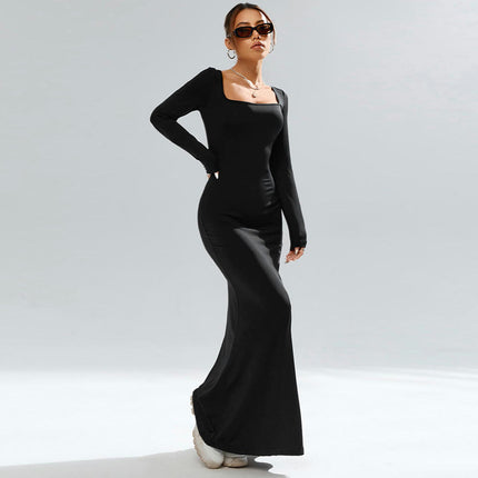 Women's Long Sleeve Square Neck Maxi Dress Soft Elegant Evening Party Bodycon Dress