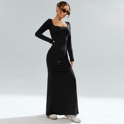 Women's Long Sleeve Square Neck Maxi Dress Soft Elegant Evening Party Bodycon Dress