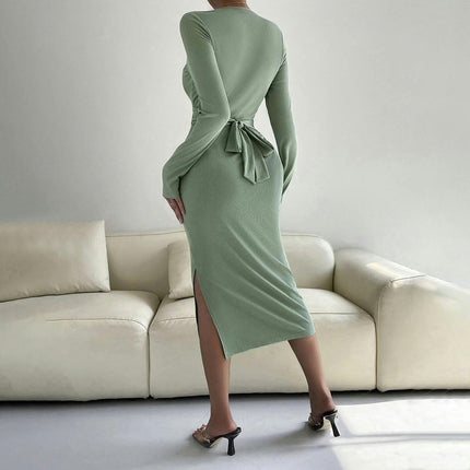 Women's Ruched Long Sleeve Crew Neck Elegant Bodycon Split Casual Midi Dress