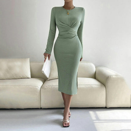 Women's Ruched Long Sleeve Crew Neck Elegant Bodycon Split Casual Midi Dress