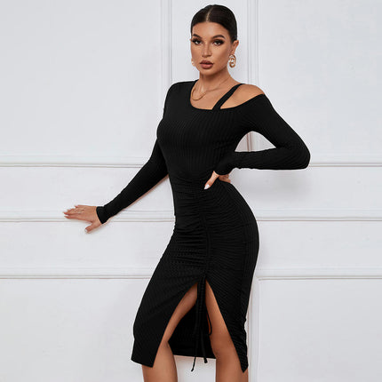 Women's Sexy One Shoulder Long Sleeve Bodycon Drawstring Party Ruched Slit Midi Dress