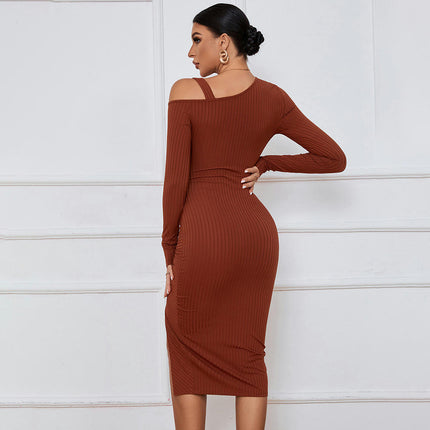 Women's Sexy One Shoulder Long Sleeve Bodycon Drawstring Party Ruched Slit Midi Dress