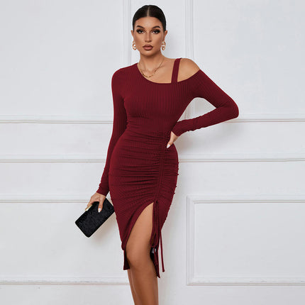 Women's Sexy One Shoulder Long Sleeve Bodycon Drawstring Party Ruched Slit Midi Dress