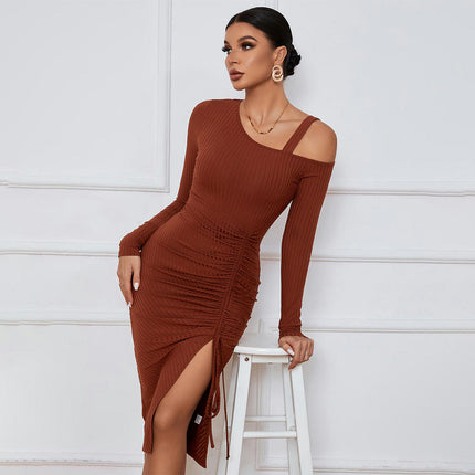 Women's Sexy One Shoulder Long Sleeve Bodycon Drawstring Party Ruched Slit Midi Dress