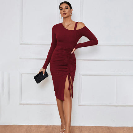 Women's Sexy One Shoulder Long Sleeve Bodycon Drawstring Party Ruched Slit Midi Dress