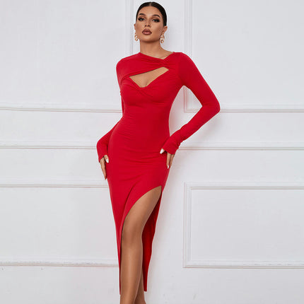 Women's Sexy Twist Knot Cut Out Long Sleeve Bodycon Party Ruched Slit Midi Dress