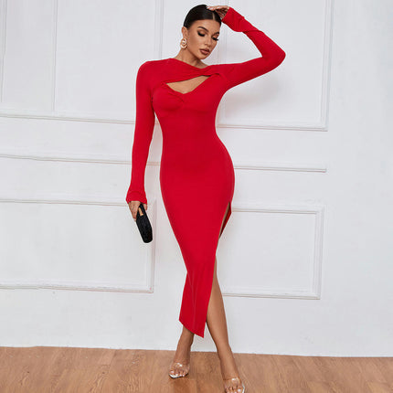 Women's Sexy Twist Knot Cut Out Long Sleeve Bodycon Party Ruched Slit Midi Dress