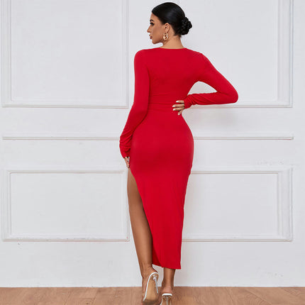 Women's Sexy Twist Knot Cut Out Long Sleeve Bodycon Party Ruched Slit Midi Dress