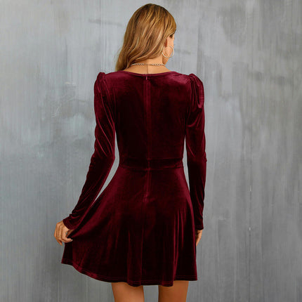 Women's V Neck Velvet Dress Long Sleeve Empire Waist A Line Evening Party Midi Dress