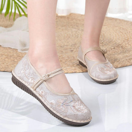 Women's Lightweight Floral Embroidery Slip On Shoes Ethnic Style Casual Ankle Strap Shoes