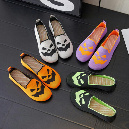 Women's Casual Halloween Pumpkin Fly Weave Lightweight Flat Walking Slip on Shoes