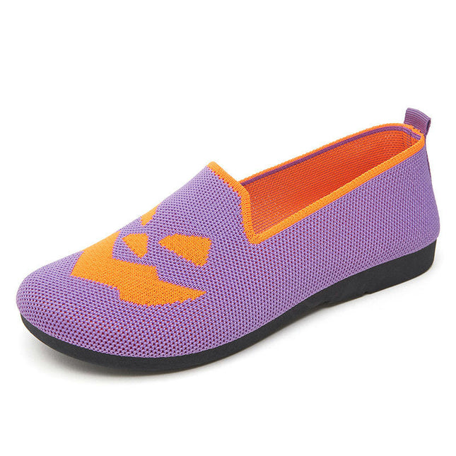 Women's Casual Halloween Pumpkin Fly Weave Lightweight Flat Walking Slip on Shoes