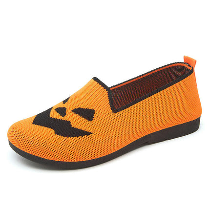 Women's Casual Halloween Pumpkin Fly Weave Lightweight Flat Walking Slip on Shoes