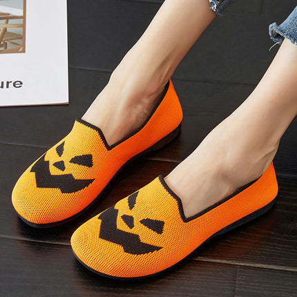 Women's Casual Halloween Pumpkin Fly Weave Lightweight Flat Walking Slip on Shoes