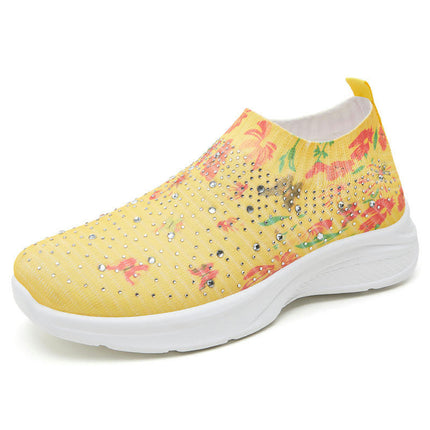 Women's Flower Rhinestone Sock Knitted Comfortable Slip On Sneakers