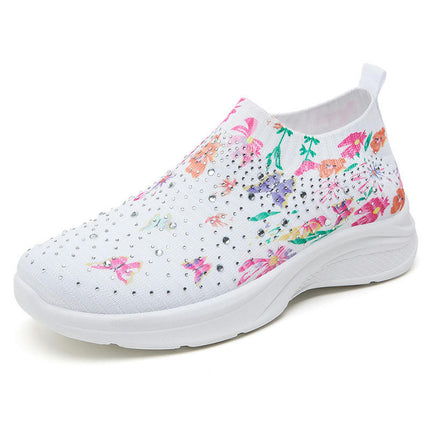 Women's Flower Rhinestone Sock Knitted Comfortable Slip On Sneakers