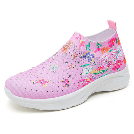 Women's Flower Rhinestone Comfortable Slip On Knitted Shoes with Arch Support Walking Shoes