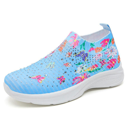 Women's Flower Rhinestone Comfortable Slip On Knitted Shoes with Arch Support Walking Shoes