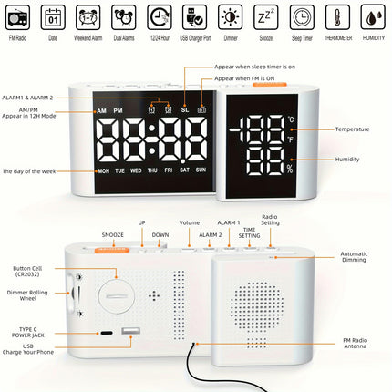 Digital Alarm Clock with Dual S-Shaped LED Display  USB Powered Flat Crown Digital Clock