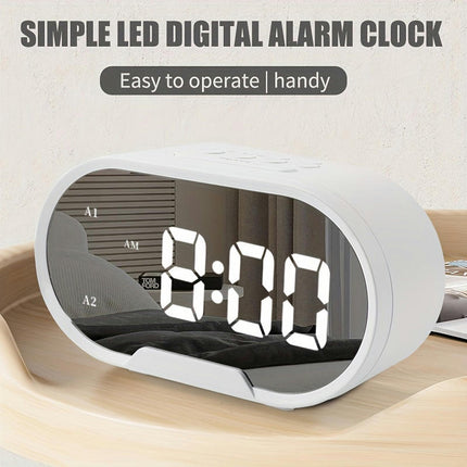 Oval LED Mirror Digital Alarm Clock with Adjustable Brightness and Volume for Bedroom,Office,Travel