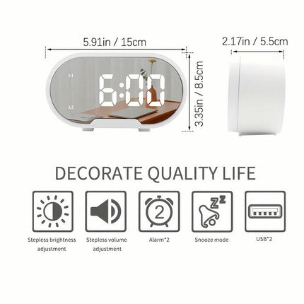 Oval LED Mirror Digital Alarm Clock with Adjustable Brightness and Volume for Bedroom,Office,Travel