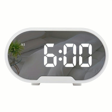 Oval LED Mirror Digital Alarm Clock with Adjustable Brightness and Volume for Bedroom,Office,Travel