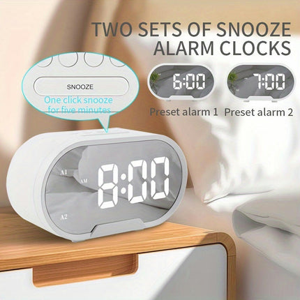 Oval LED Mirror Digital Alarm Clock with Adjustable Brightness and Volume for Bedroom,Office,Travel