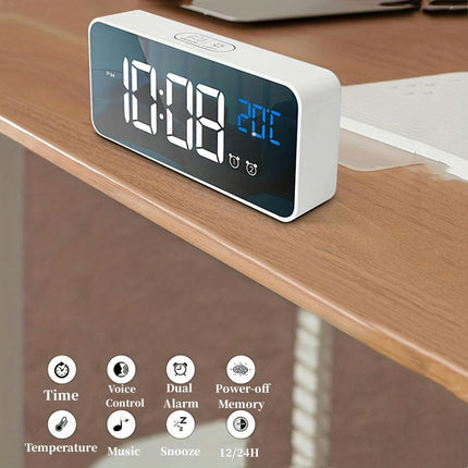 1pc Voice Control Digital Alarm Clock with Temperature Dual Alarm,Night Mode,Music,and LED Display