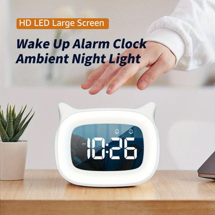 Cute Alarm Clock With Night Light Stepless Dimming, Cute Cat Ear Digital Clock Alarm