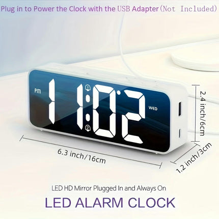 LED Digital Alarm Clock with Temperature Display Adjustable Brightness USB Charging Port Mirror Clock