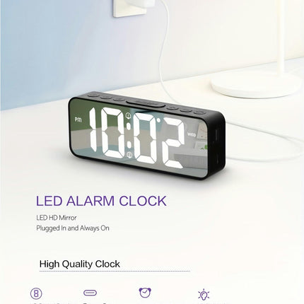 LED Digital Alarm Clock with Temperature Display Adjustable Brightness USB Charging Port Mirror Clock