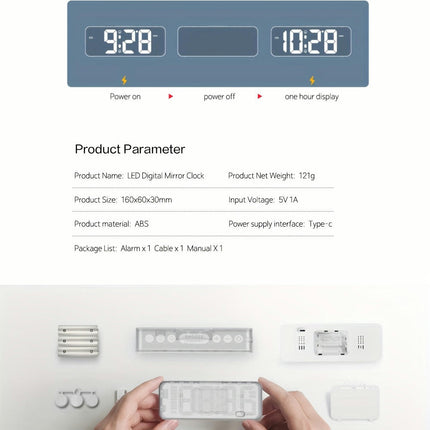 LED Digital Alarm Clock with Temperature Display Adjustable Brightness USB Charging Port Mirror Clock