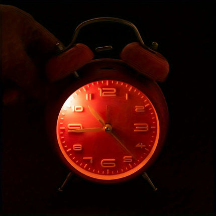 Silent Glow Metal Alarm Clock with Bell Handle Ideal for Dorms & Bedrooms, Battery-Powered (AA)