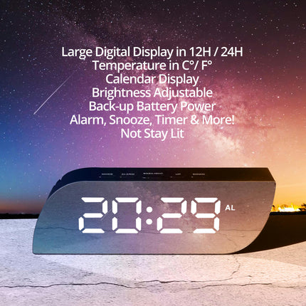 Digital Alarm Clock Mirror Surface-Dimmer Night Mode, Large LED Digits Display USB & Battery Operated