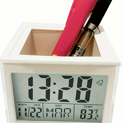 Digital Alarm Clock Pencil Holder - Multi-Function Desk Organizer With Photo Frame, Date And Temperature Display