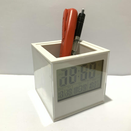 Digital Alarm Clock Pencil Holder - Multi-Function Desk Organizer With Photo Frame, Date And Temperature Display