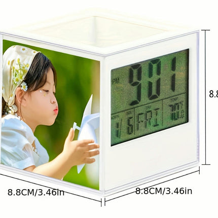 Digital Alarm Clock Pencil Holder - Multi-Function Desk Organizer With Photo Frame, Date And Temperature Display