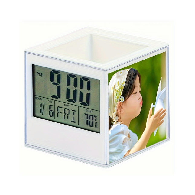 Digital Alarm Clock Pencil Holder - Multi-Function Desk Organizer With Photo Frame, Date And Temperature Display