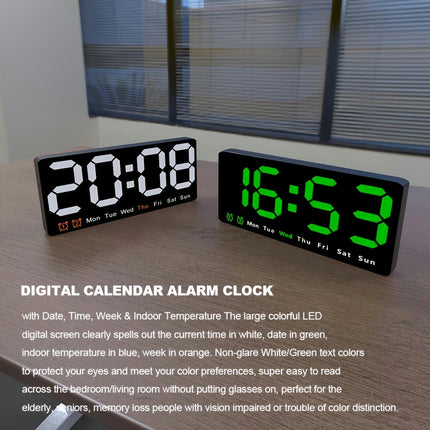 LED Digital Alarm Clock With Date Temperature Alarms Large Display Day Clock 12/24H Wall Clock