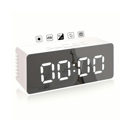 1pc White Digital Alarm Clock With Mirror Display, Multifunctional Clock, Adjustable Brightness