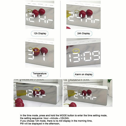 1pc White Digital Alarm Clock With Mirror Display, Multifunctional Clock, Adjustable Brightness