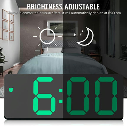 Digital Alarm Clock LED Travel Quiet Alarm Clocks With Snooze Button Brightness Adjustable, Green