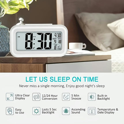 LCD Digital Alarm Clock With Date Display & Smart Nightlight Suitable For Home Bedroom Decor-Pack Of 1