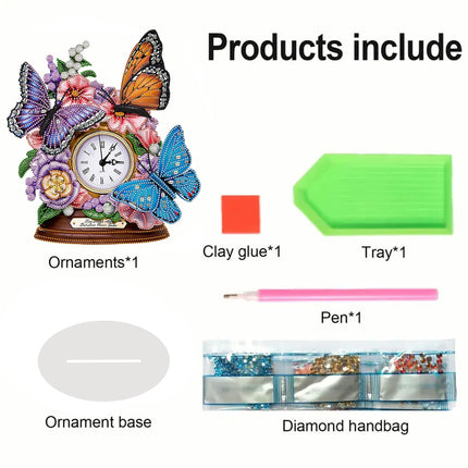 Butterfly And Flower Diamond Painting Clock Kit - DIY 5D Art Desk Decoration With Clock Function