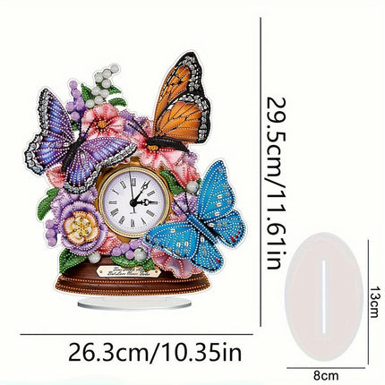 Butterfly And Flower Diamond Painting Clock Kit - DIY 5D Art Desk Decoration With Clock Function