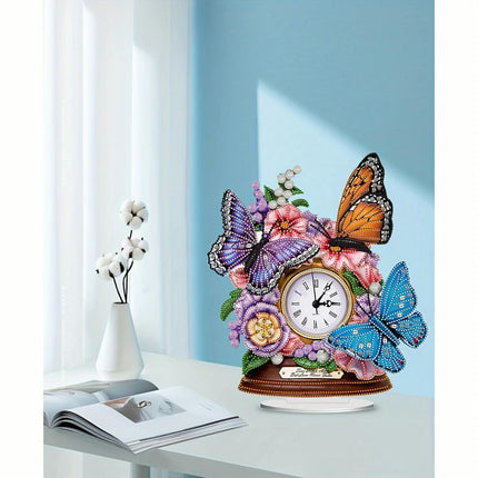 Butterfly And Flower Diamond Painting Clock Kit - DIY 5D Art Desk Decoration With Clock Function